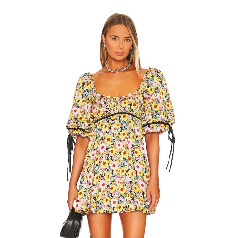 For Love & Lemons Yellow Floral Puff-Sleeve Mini Dress